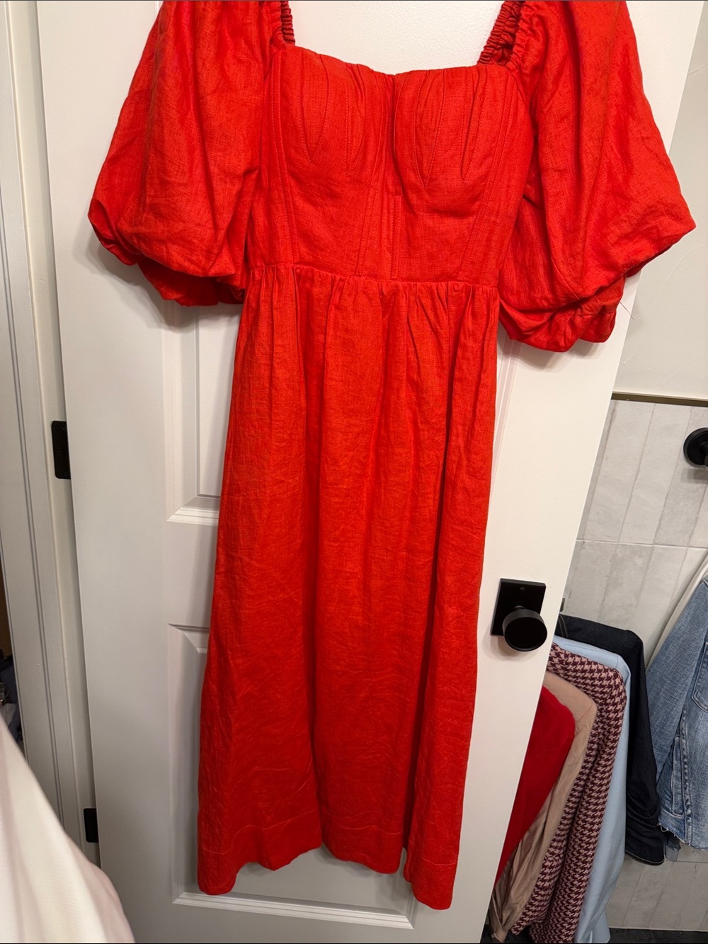 Red Puff Sleeve Midi Dress - Elegant Square Neck